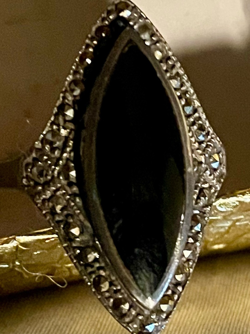 Vintage-Inspired Black Onyx Brushed Sterling  Marquise Stone Ring Size 6